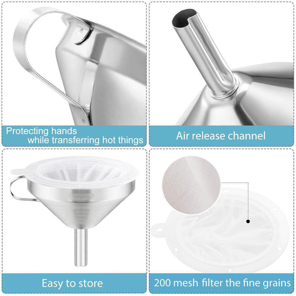 Stainless Steel Funnel with Strainer and 200 Mesh Filter Food Grade Oil Strainer Set of 7 for Kitchen Use