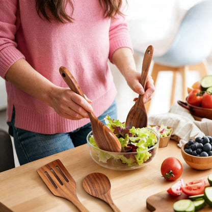 Wooden Spoons for Cooking, Non-Stick Teak Wooden Cooking Utensils Set with Hooks, Wooden Kitchen Utensils for Everyday Baking,Cooking