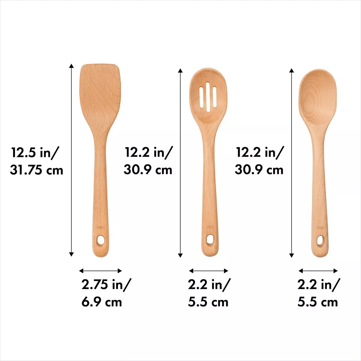OXO 3Pc Wooden Utensil Set: Turner, Spoon & Slotted Spoon for Cooking & Kitchen Use, Hand Wash, Adult, Brown