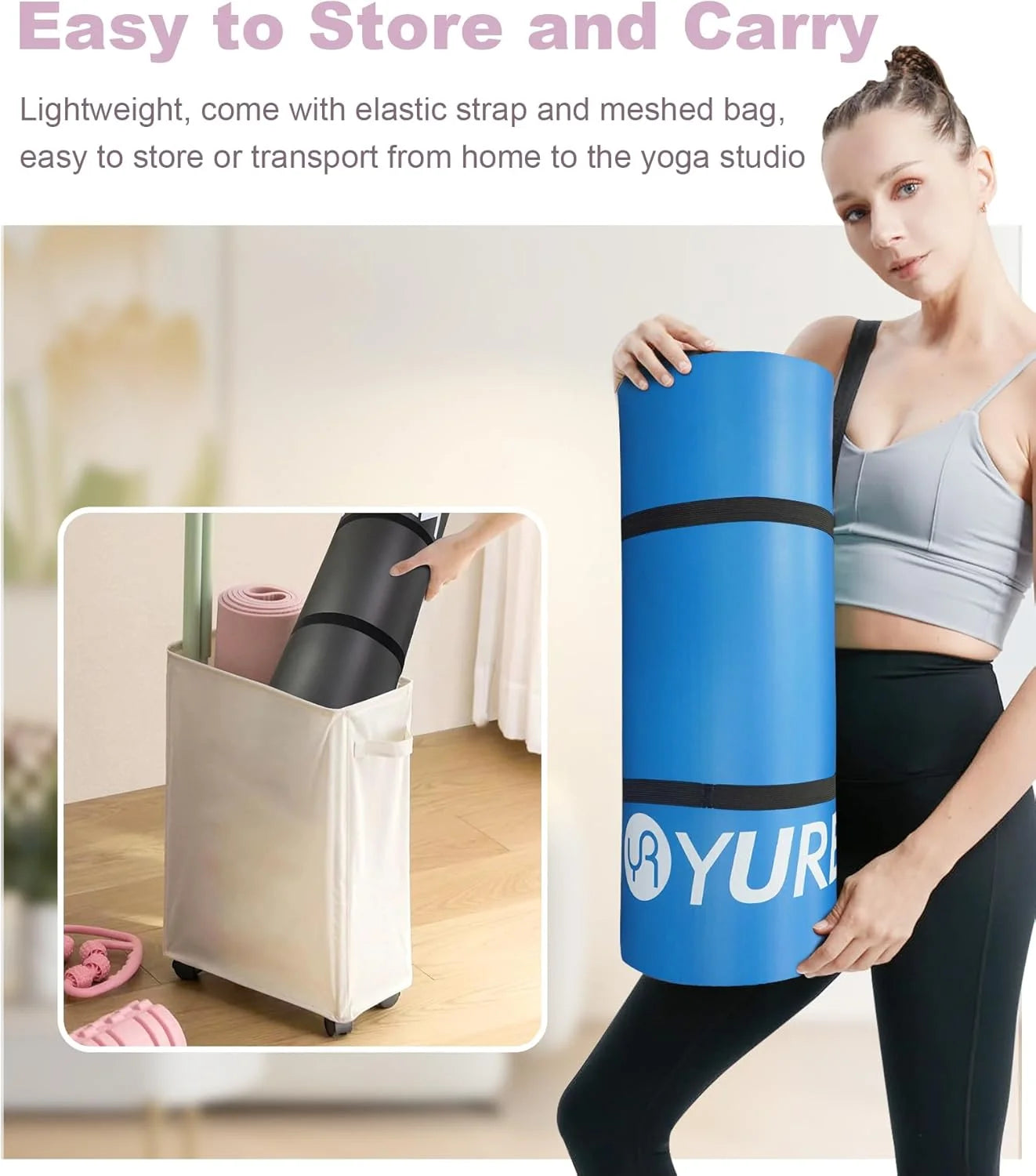 Thick Yoga Mat 15Mm Hi-Density NBR Foam Exercise Mats for Stretching Pilates Fitness, Blue W/ Bag