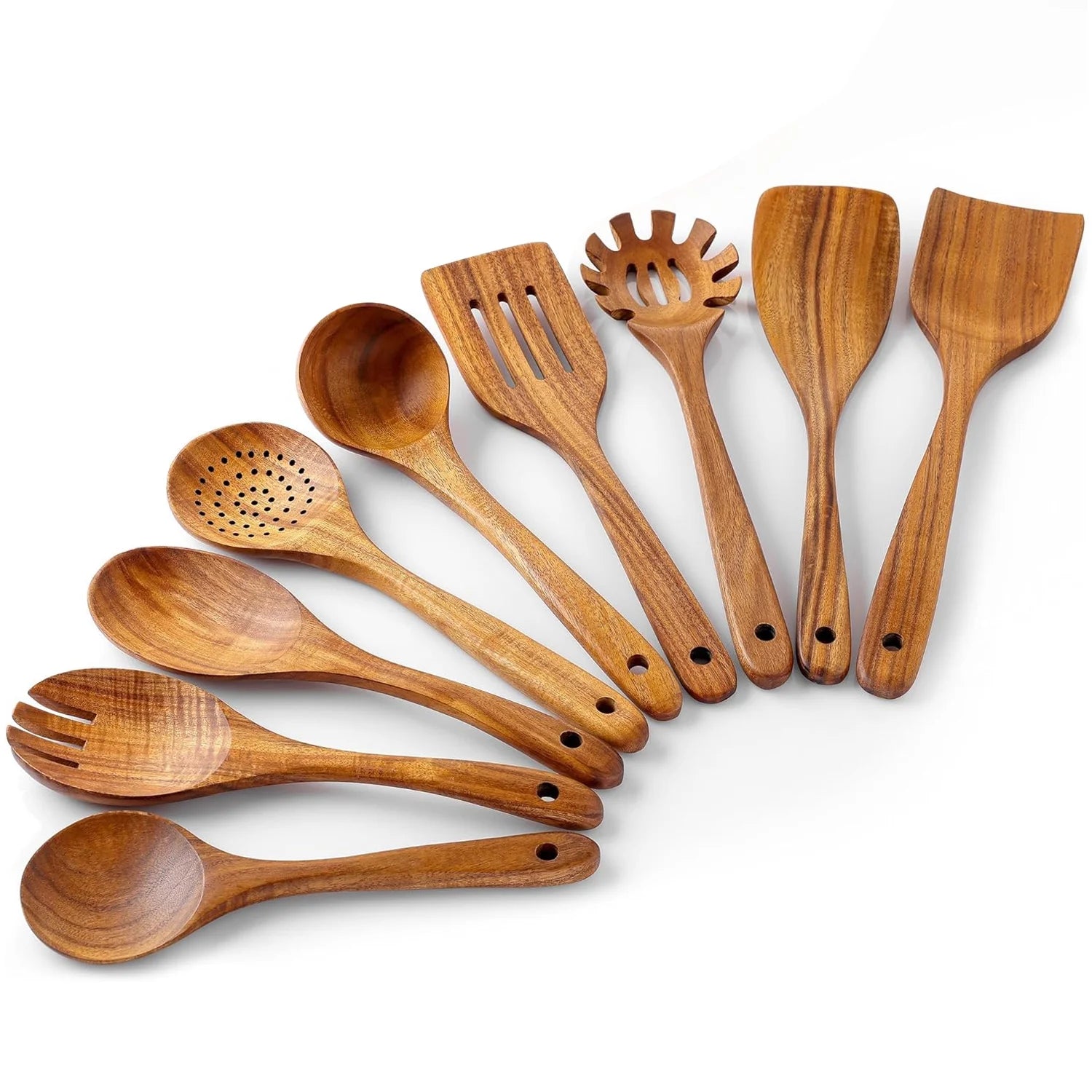 Natural Teak Wood Kitchen Utensils Set, 9 Piece Thickened Wooden Spoons and Spatula for Cooking, Non-Stick Heat Resistant Cookware, Brown