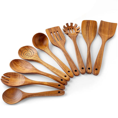 Natural Teak Wood Kitchen Utensils Set, 9 Piece Thickened Wooden Spoons and Spatula for Cooking, Non-Stick Heat Resistant Cookware, Brown